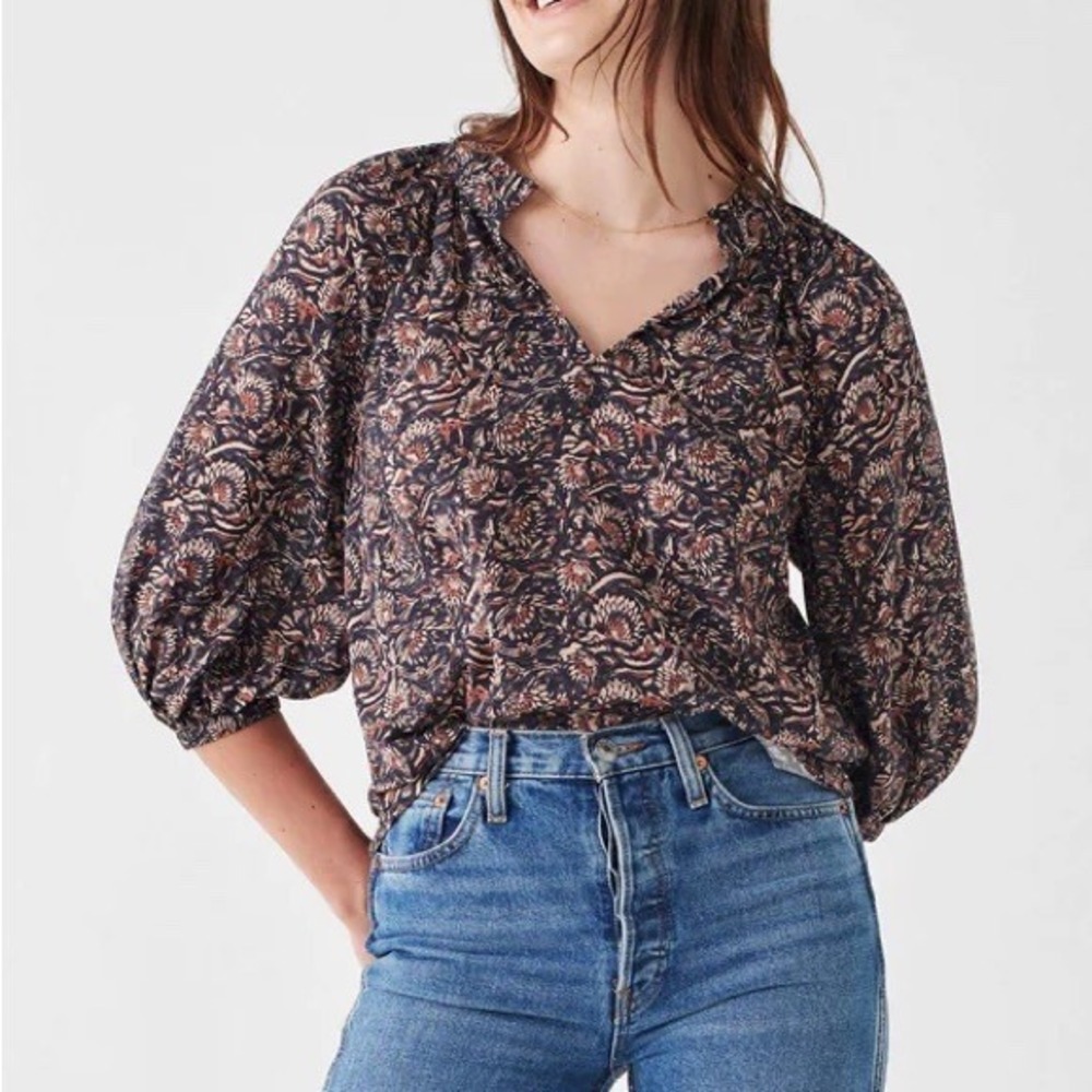 Faherty Women's XS Floral‎ Print V Neck 3/4 Sleeve Blouse Top Viscose